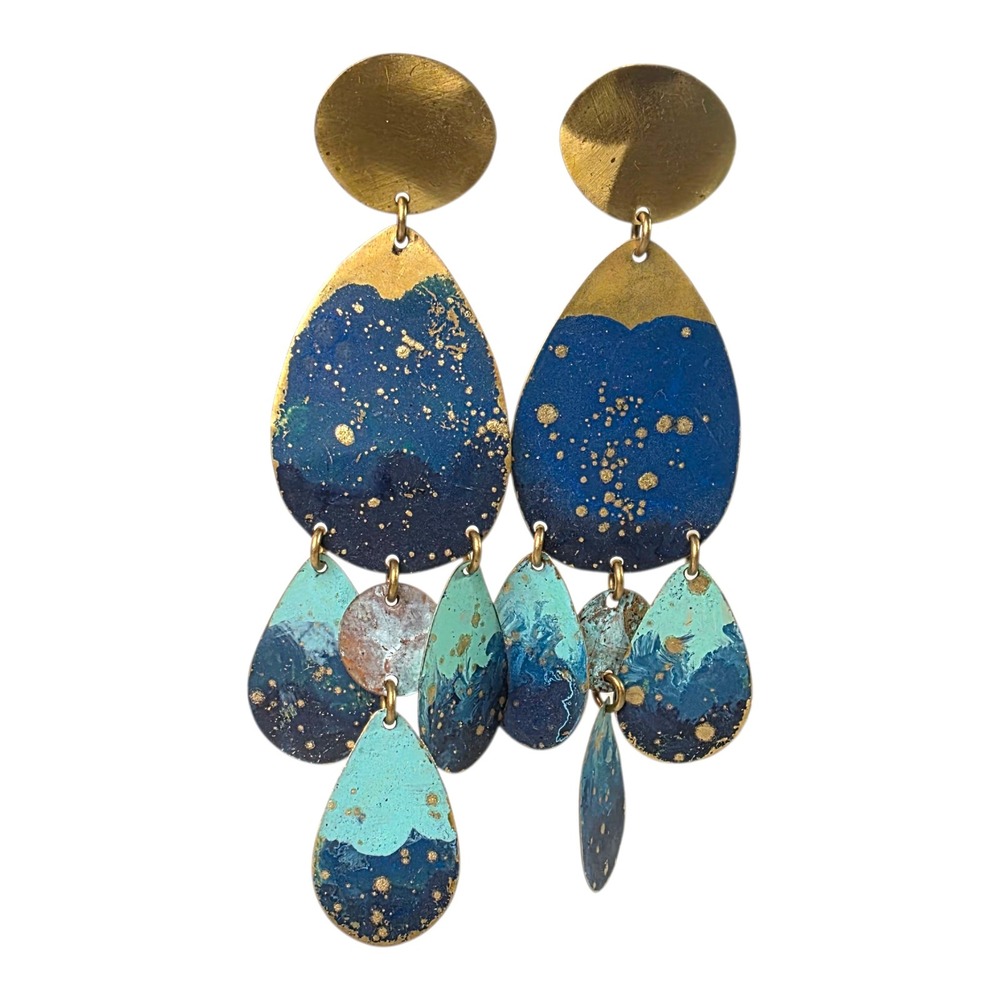 Vintage Brass Teal Blue Handmade Teardrop Chandelier Boho Tribal Earrings‎